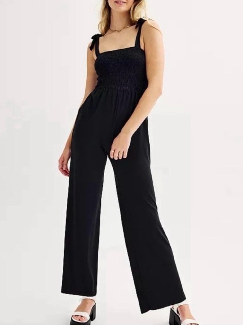 SO Black Shoulder Bow Tie Smocked Wide Leg Stretch Jumpsuit Size XXL
